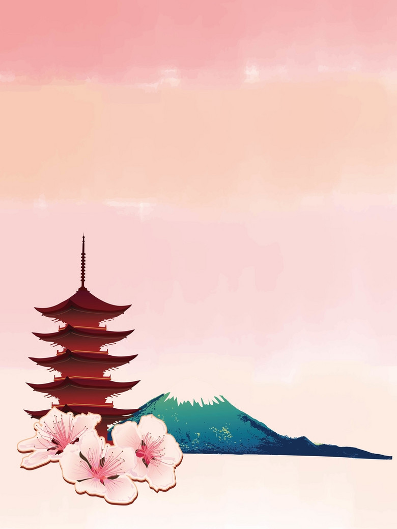 水彩日系富士山樱花日本旅游背景